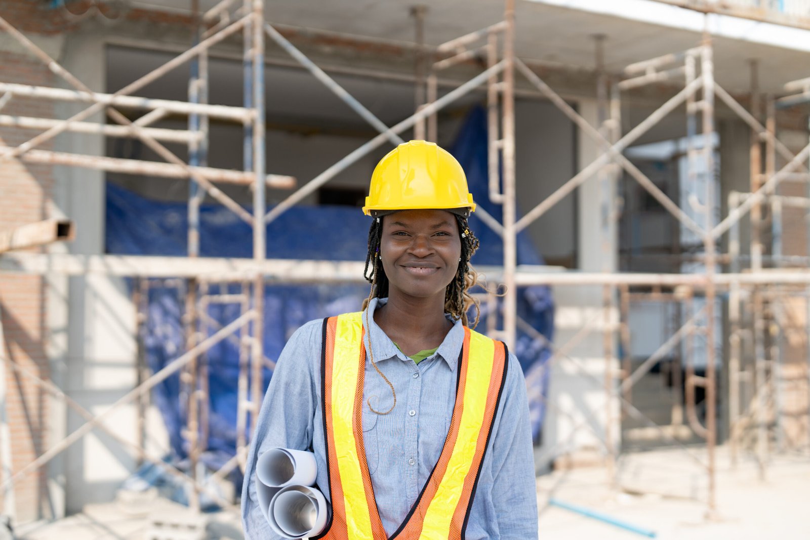 Portrait of African American female civil engineer wearing safety vest with helmet standing and hold blueprint building plan at construction site outside