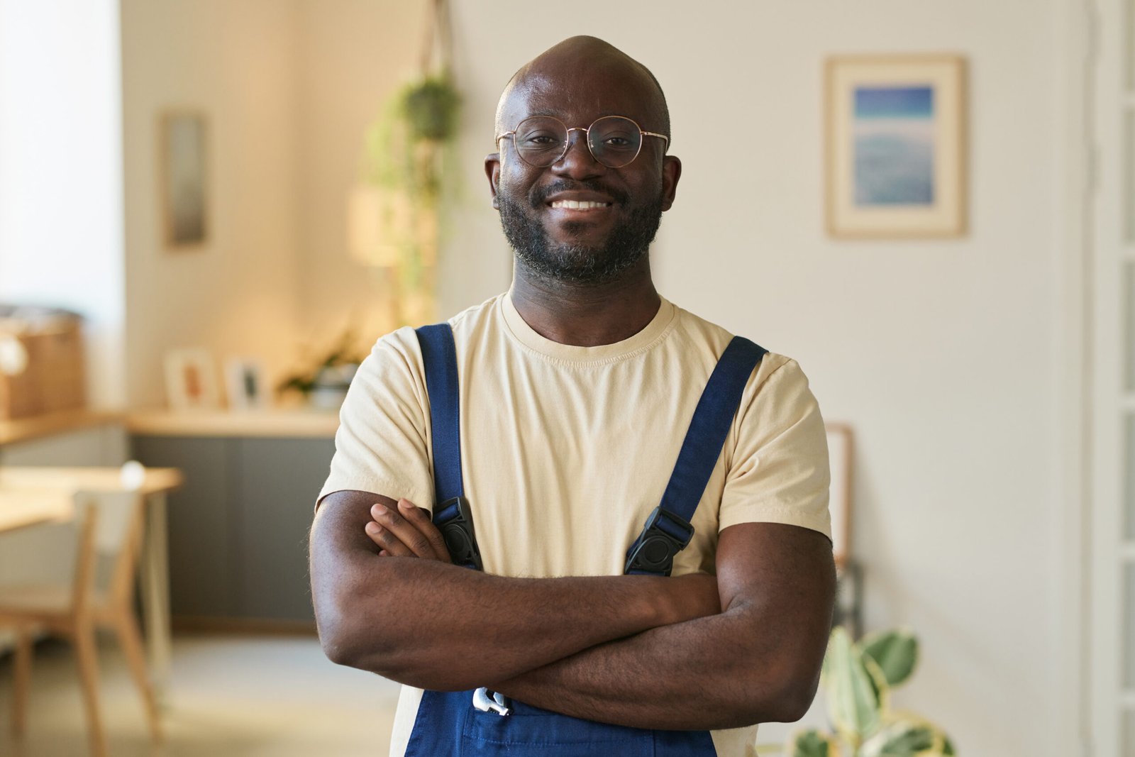 Waist up portrait of adult Black man as worker wearing coveralls smiling at camera standing indoors in clients home, copy space